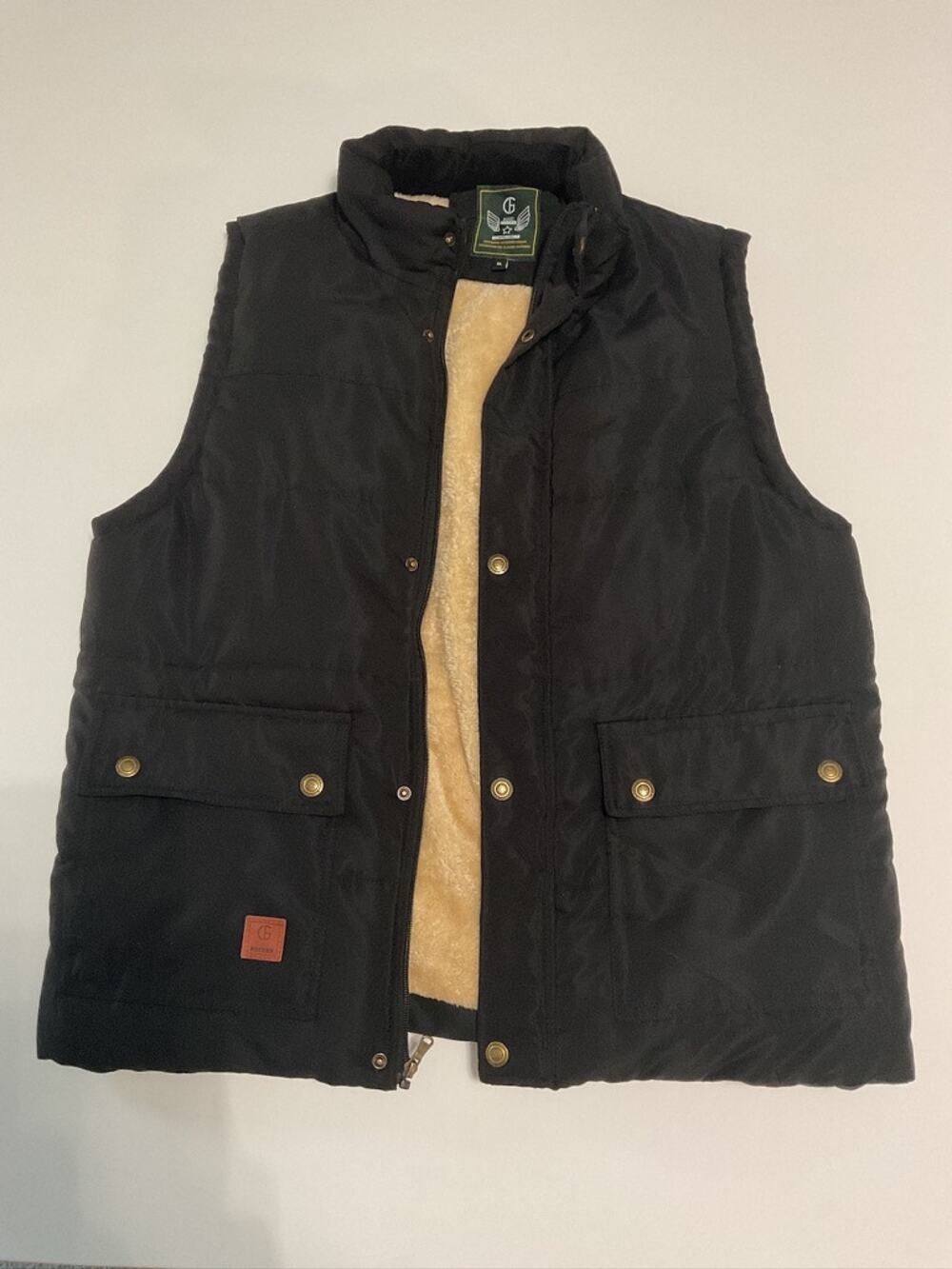 FLYGO Mens Puffer Vest XL Black Sherpa Fleece Lined Snap Zip Western Work Ranch